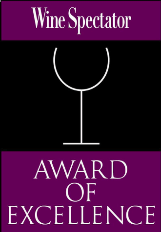 Wine Spectator Award of Excellence badge featuring a stylized wine glass on black and purple background.
