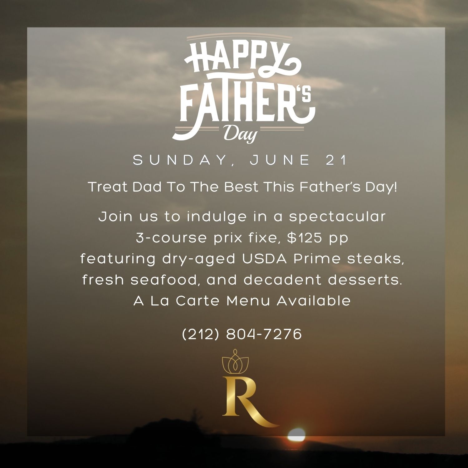 Father's Day dining offer with prix fixe menu featuring USDA prime steaks and seafood, phone number included.
